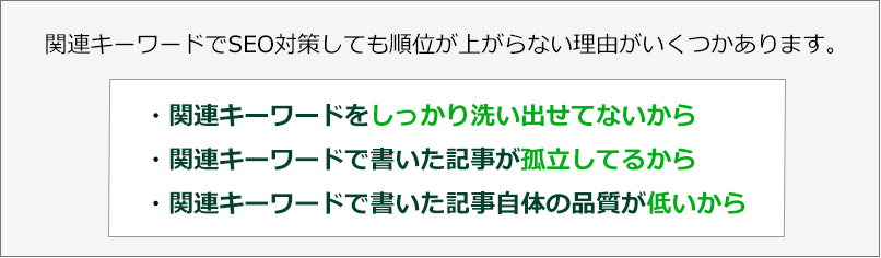 関連キーワードでSEO対策しても順位が上がらない理由がいくつかあります。・関連キーワードをしっかり洗い出せてないから・関連キーワードで書いた記事が孤立してるから・関連キーワードで書いた記事自体の品質が低いから